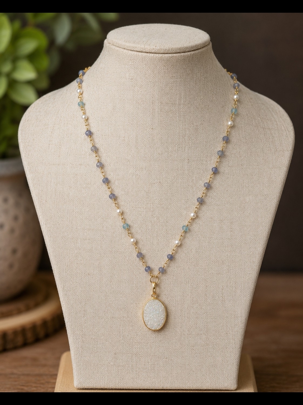 Druzy Pendant Necklace Aquamarine Tanzanite Pearl Beaded Chain 24K Gold Plated
